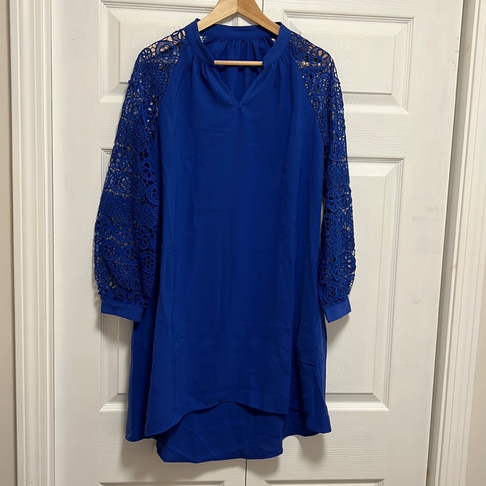 V neck Royal blue dress with embroidered sleeve detailing!